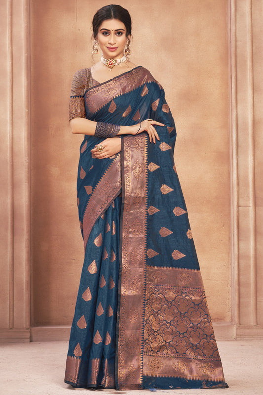 Blue Colour Cotton Silk Traditional Saree In Woven Work