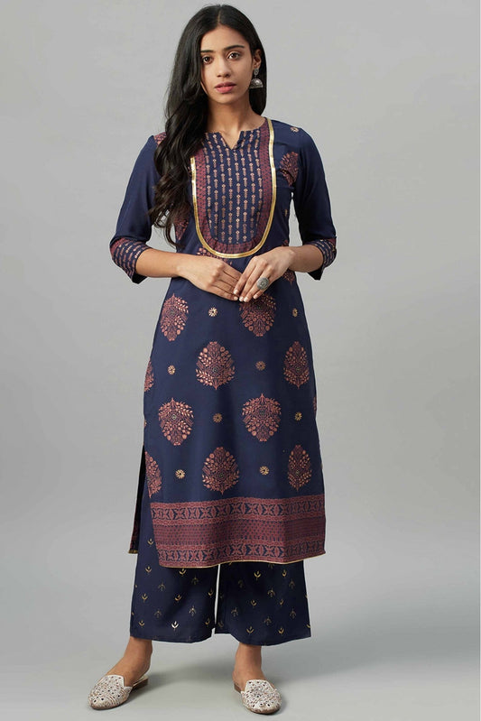 Blue Colour Crepe Foil Print Kurti