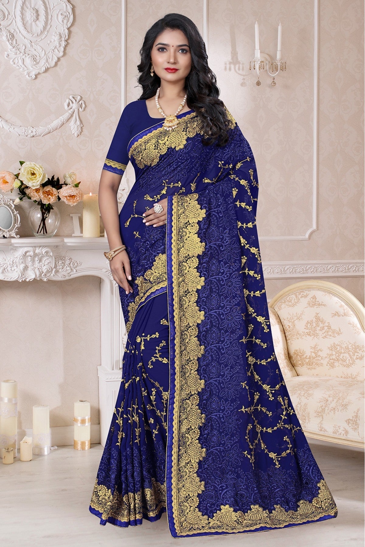 Blue Colour Georgette Designer Saree