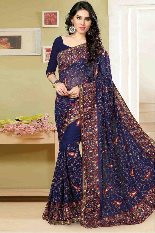 Blue Colour Georgette Embroidery Saree