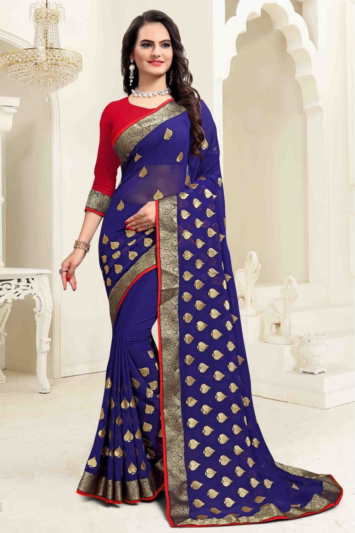 Blue Colour Georgette Embroidery Saree