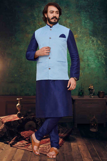 Blue Colour Kurta Pajama With Jacket In Art Silk