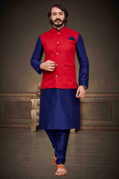 Blue Colour Kurta Pajama With Jacket In Art Silk