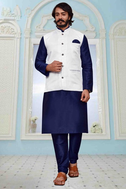 Blue Colour Kurta Pajama With Jacket In Art Silk