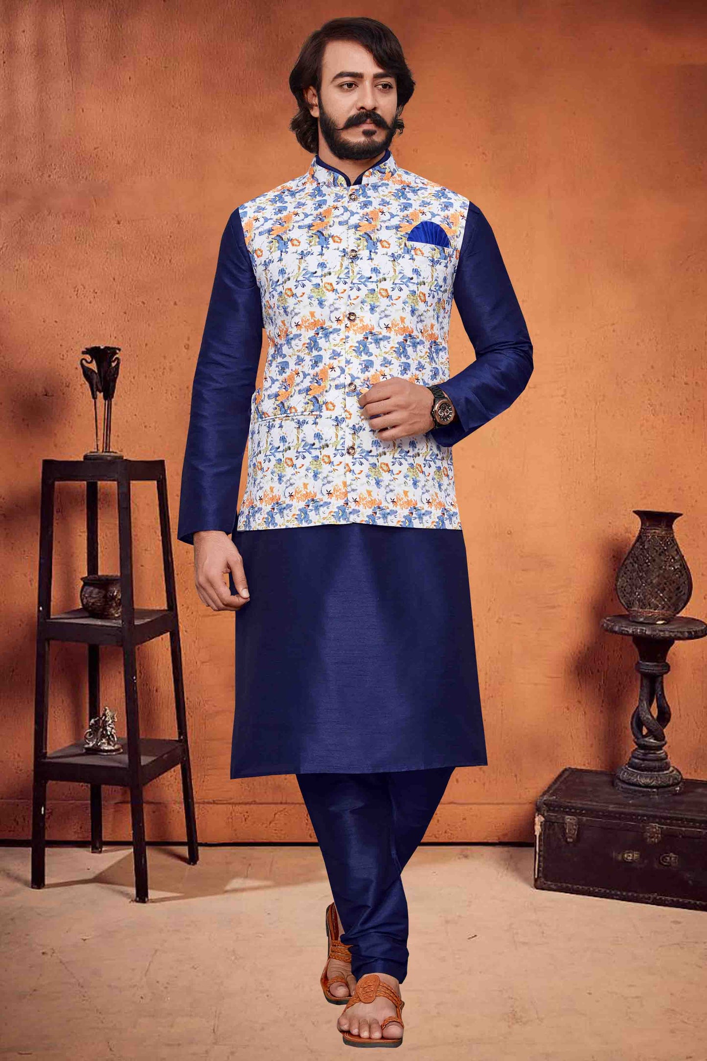 Blue Colour Kurta Pajama With Jacket In Art Silk