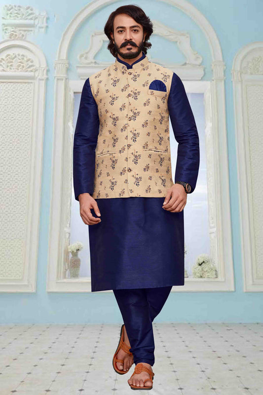 Blue Colour Kurta Pajama With Jacket In Art Silk