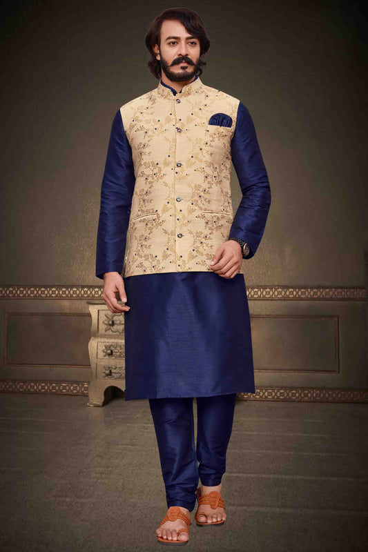 Blue Colour Kurta Pajama With Jacket In Art Silk