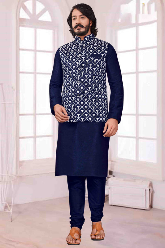 Blue Colour Kurta Pajama With Jacket In Art Silk