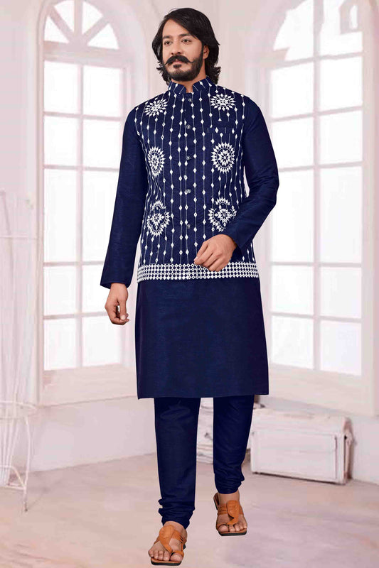 Blue Colour Kurta Pajama With Jacket In Art Silk