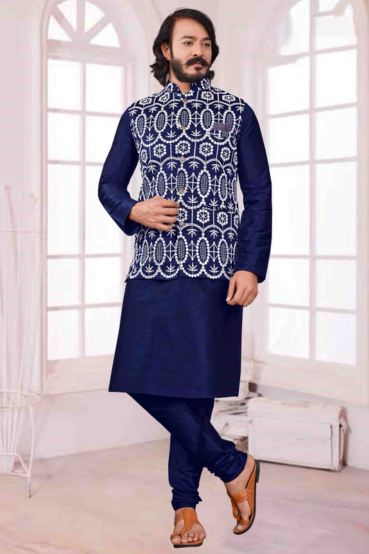 Blue Colour Kurta Pajama With Jacket In Art Silk