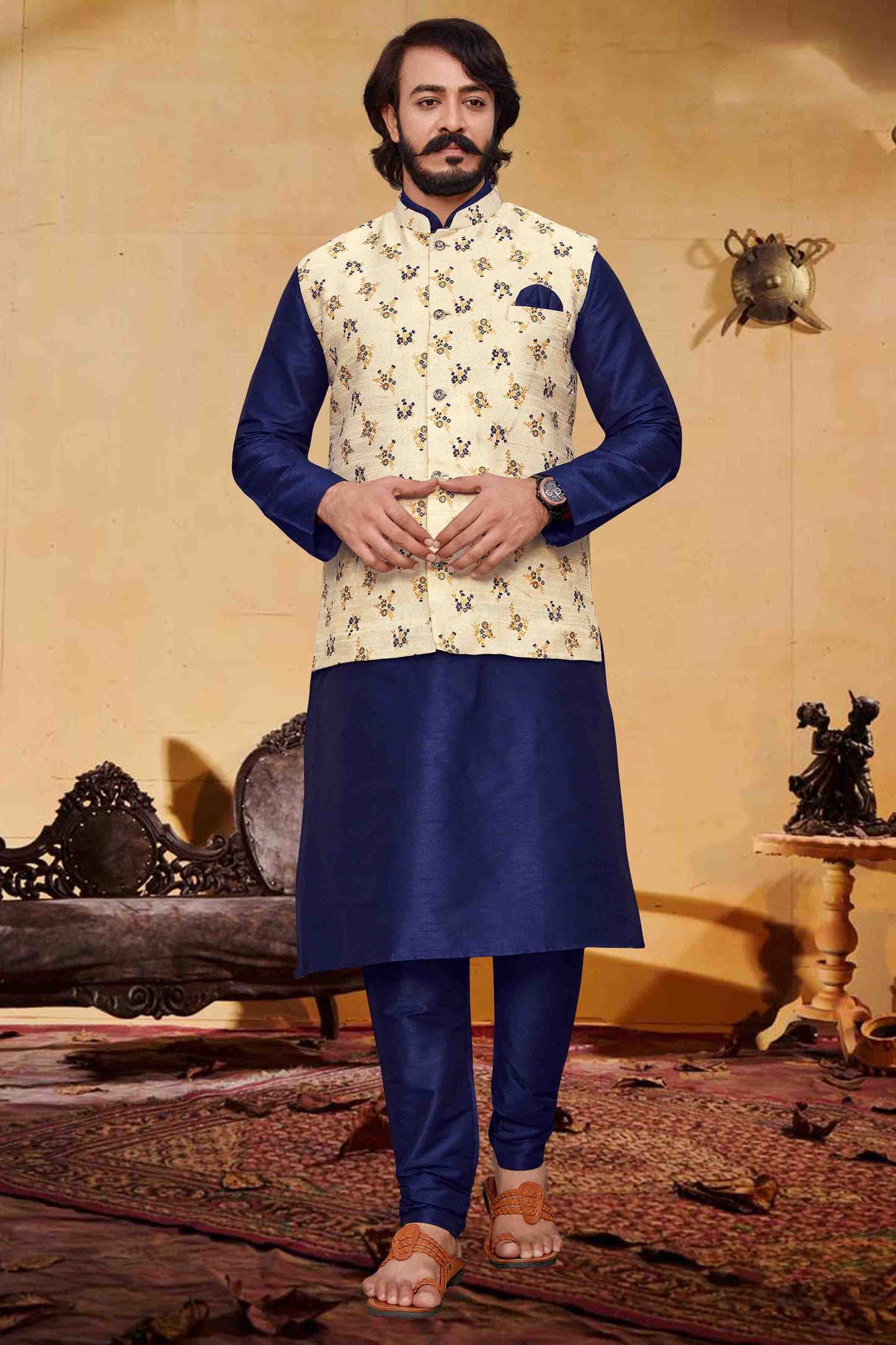 Blue Colour Kurta Pajama With Jacket In Fancy Silk