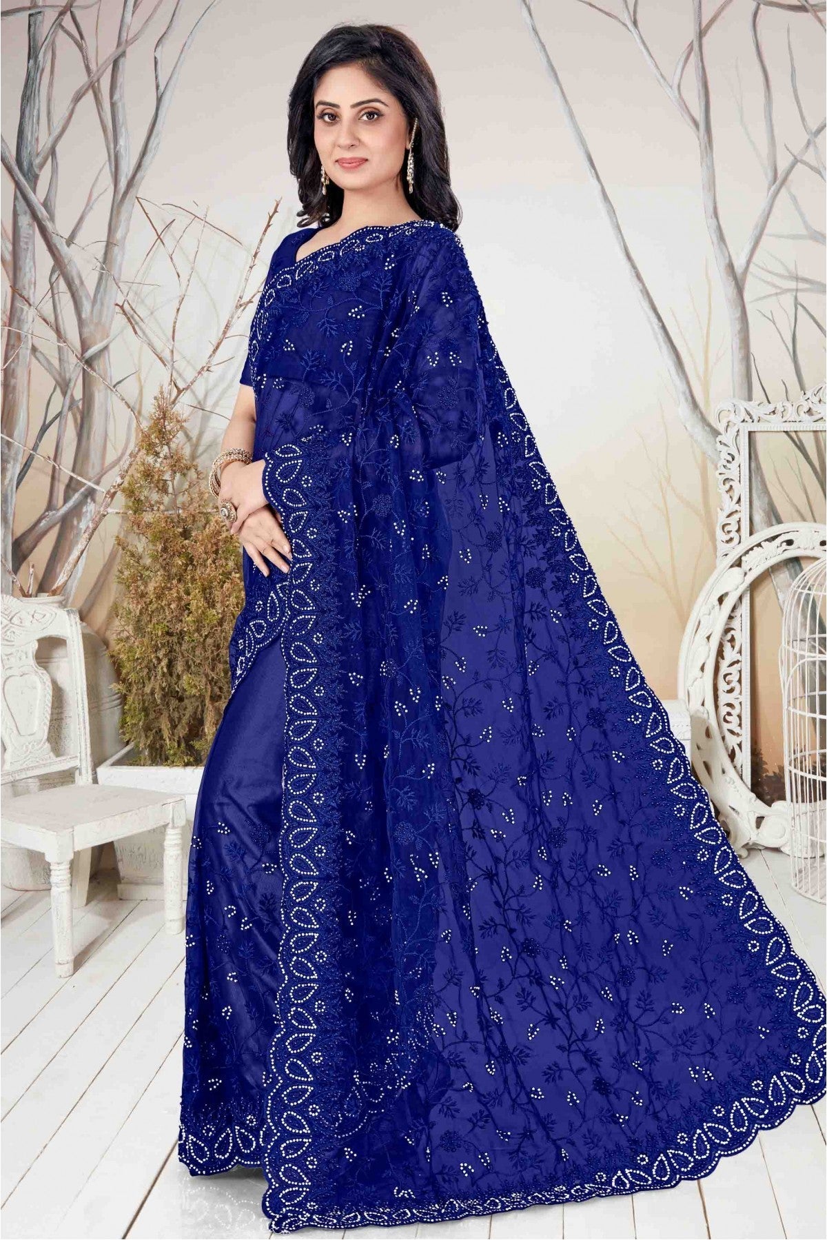 Blue Colour Net Embroidery Saree VSSD1090117