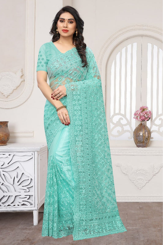 Blue Colour Net Embroidery Saree