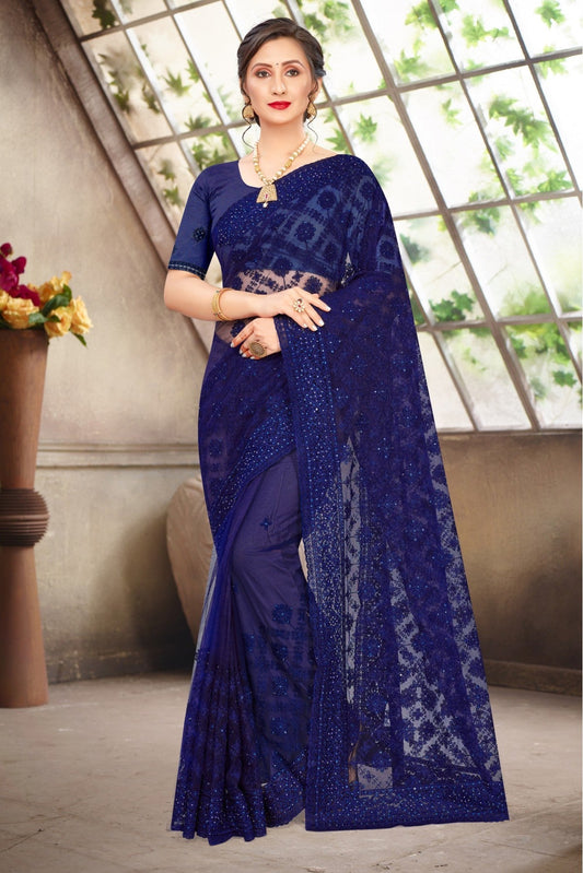 Blue Colour Net Embroidery Saree