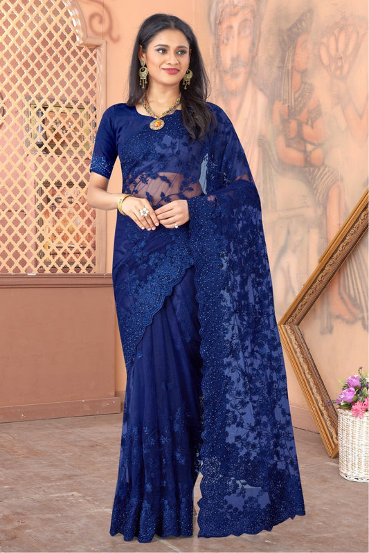 Blue Colour Net Embroidery Saree