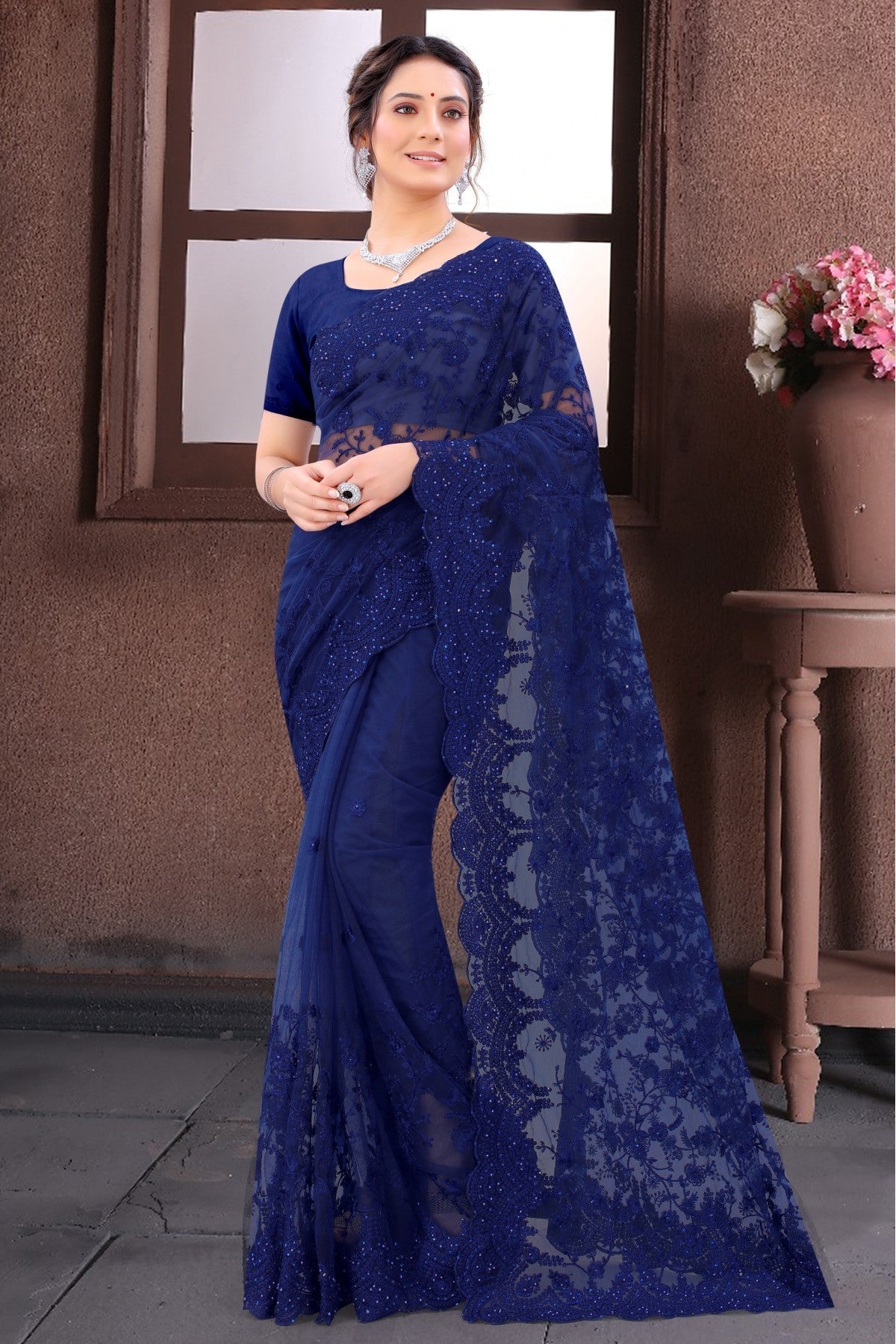 Blue Colour Net Embroidery Saree