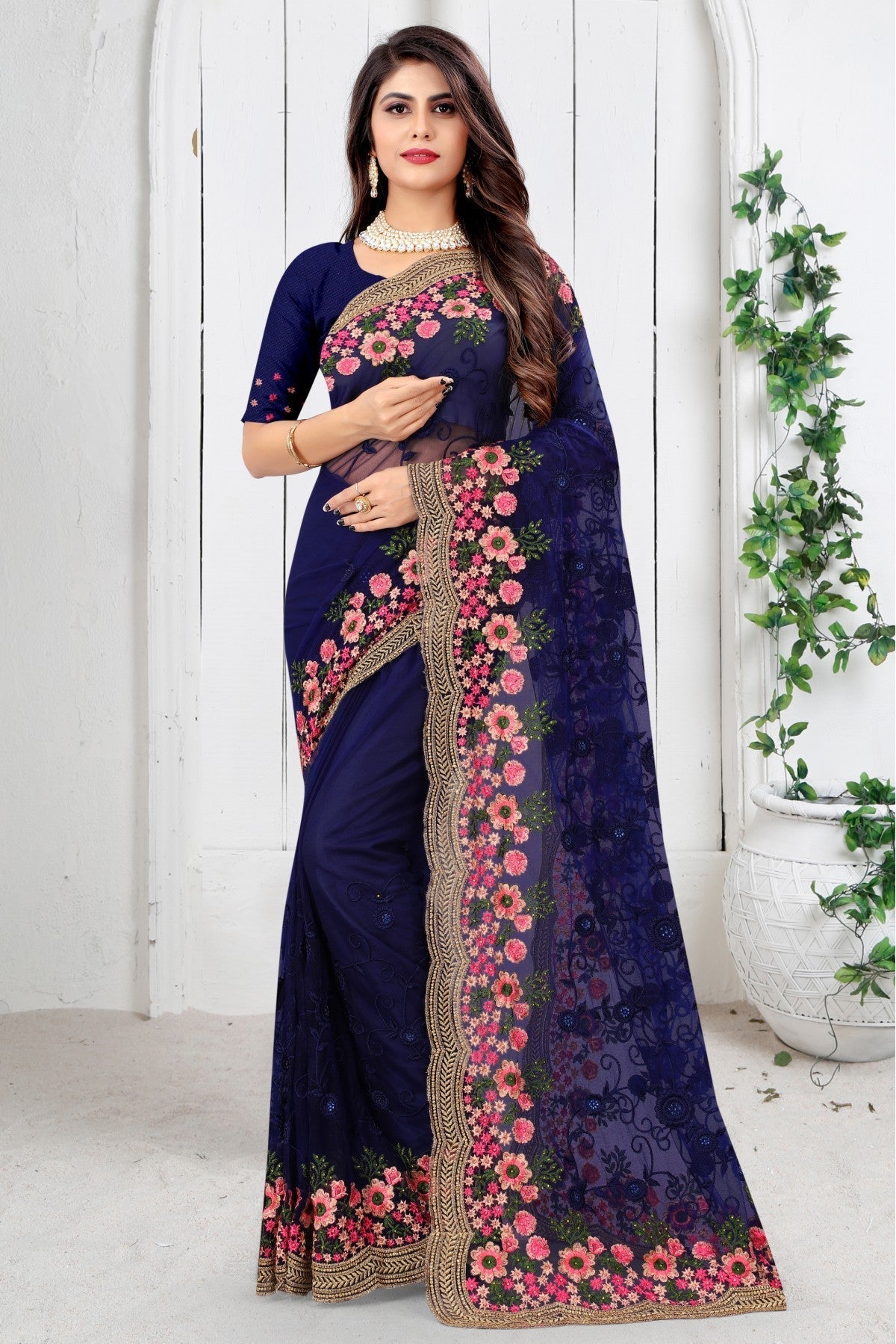 Blue Colour Net Embroidery Saree