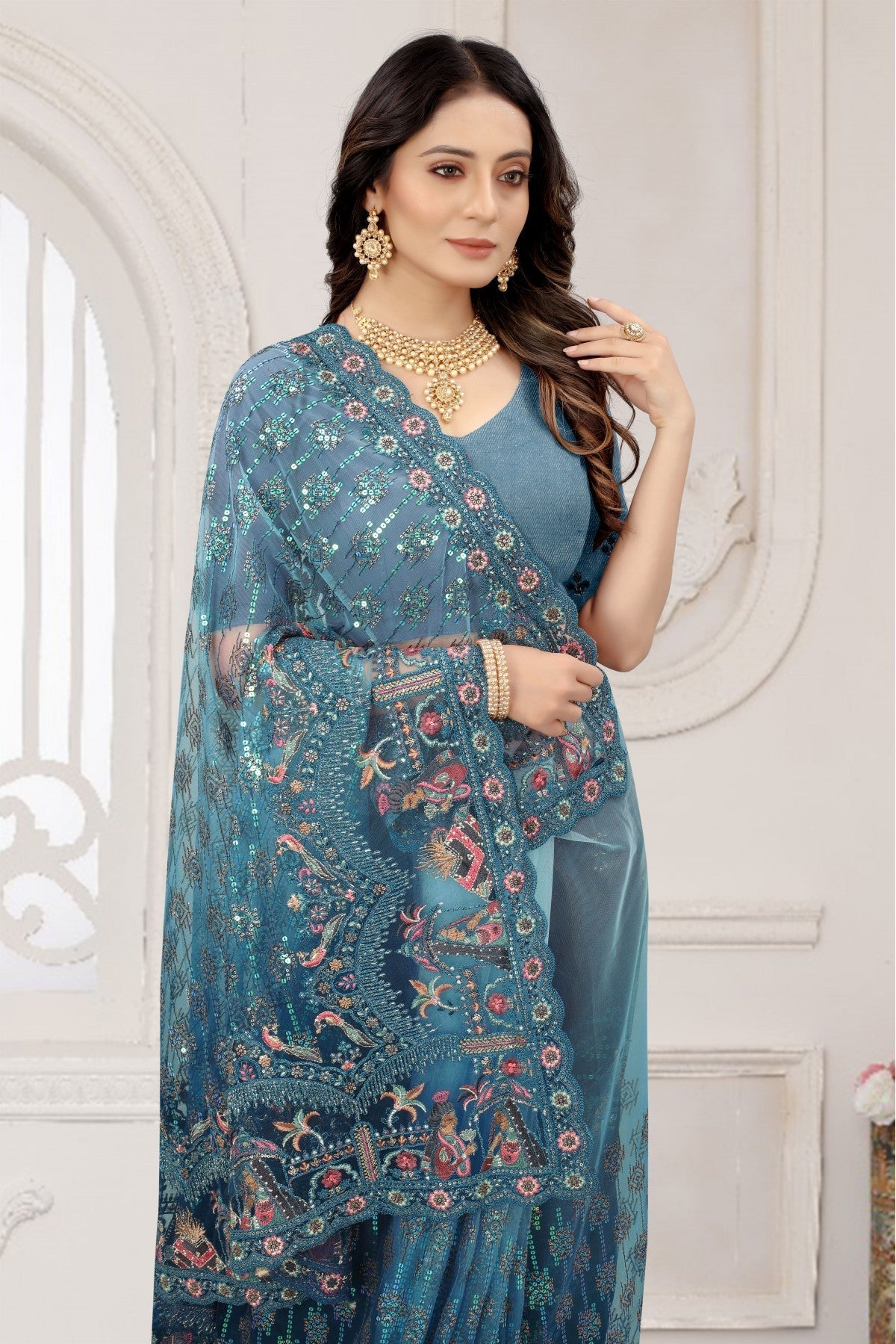 Blue Colour Net Embroidery Saree