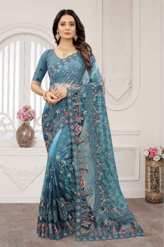 Blue Colour Net Embroidery Saree