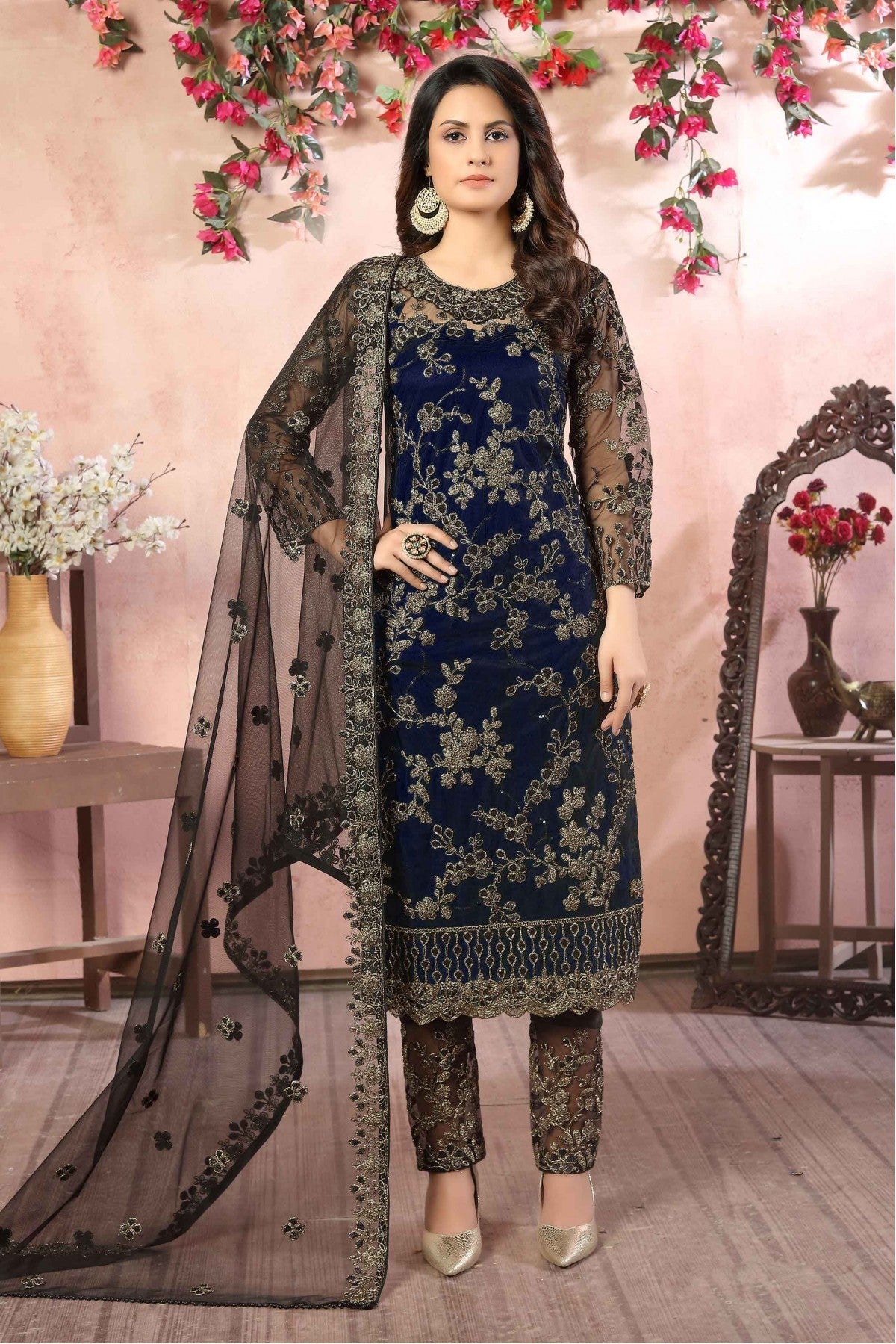 Blue Colour Net Pant Style Suit