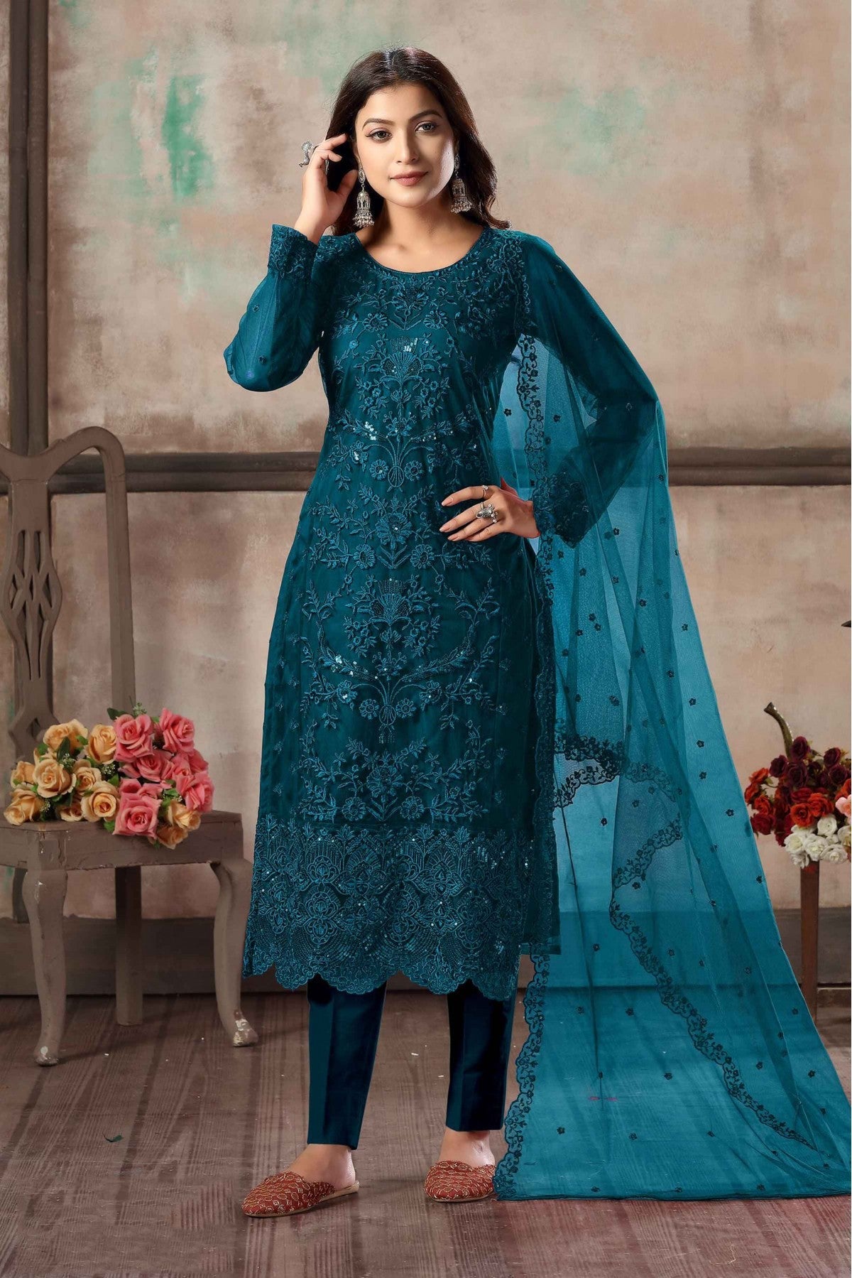 Blue Colour Net Pant Style Suit