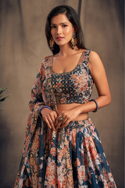 Blue Colour Organza Lehenga Choli