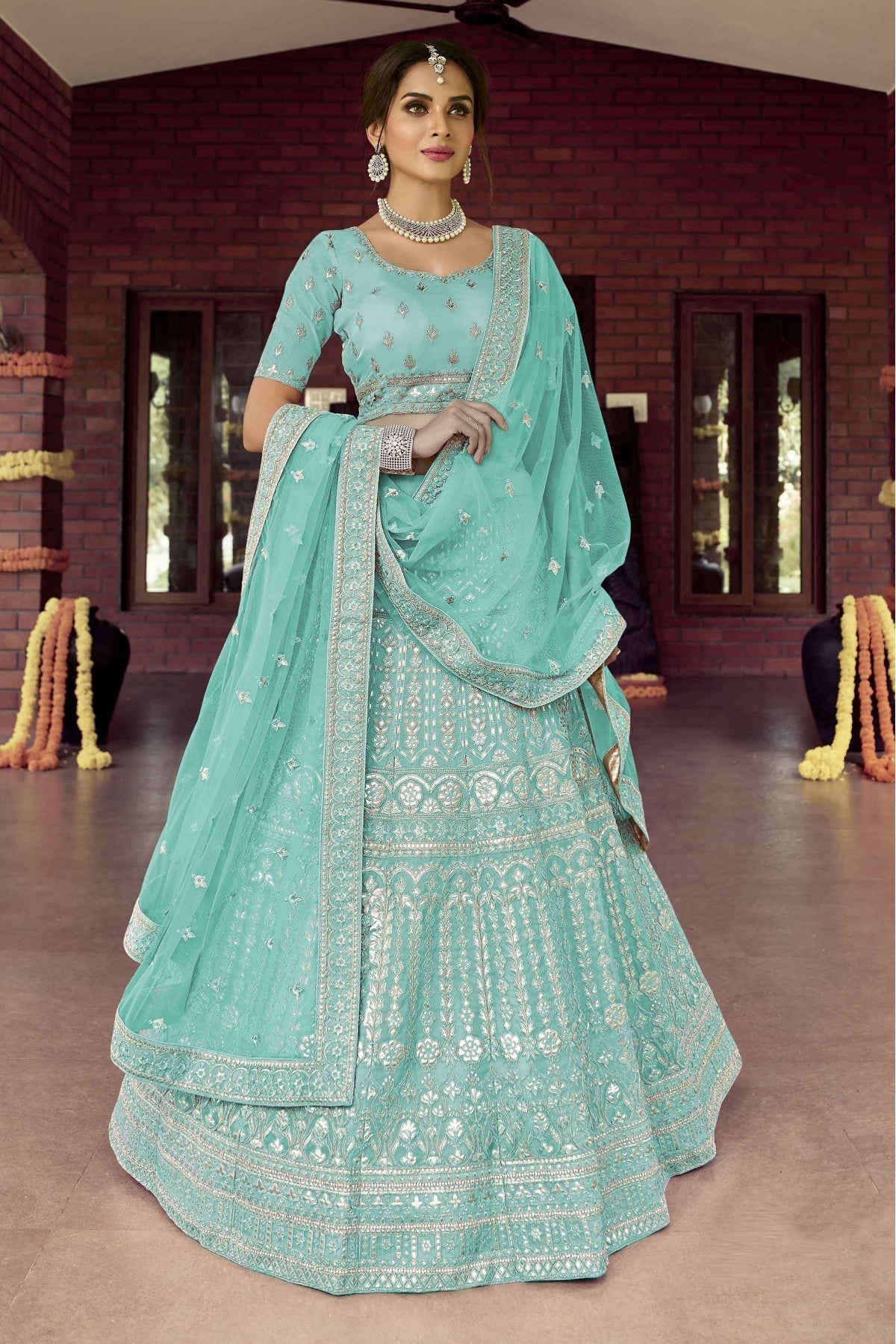 Blue Colour Organza Resham Work Lehenga Choli