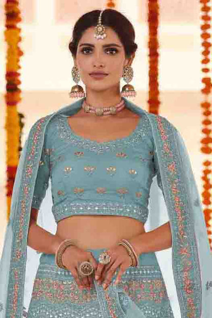 Blue Colour Organza Thread Work Lehenga Choli