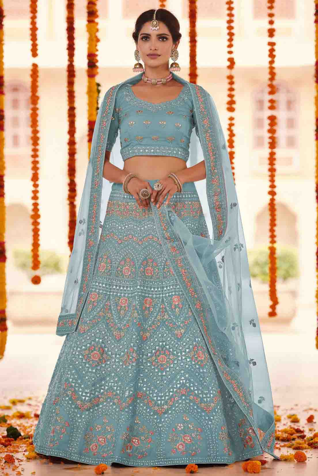 Blue Colour Organza Thread Work Lehenga Choli