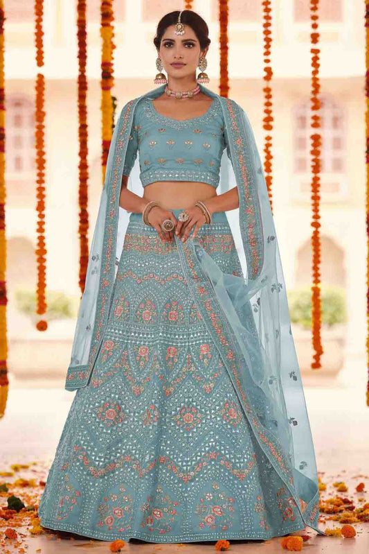 Blue Colour Organza Thread Work Lehenga Choli