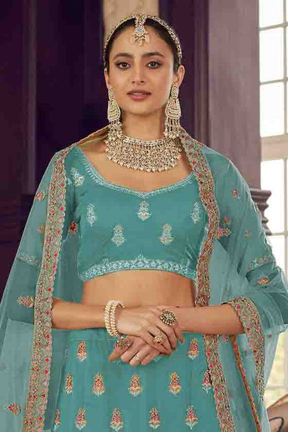 Blue Colour Organza Thread Work Lehenga Choli