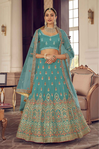 Blue Colour Organza Thread Work Lehenga Choli