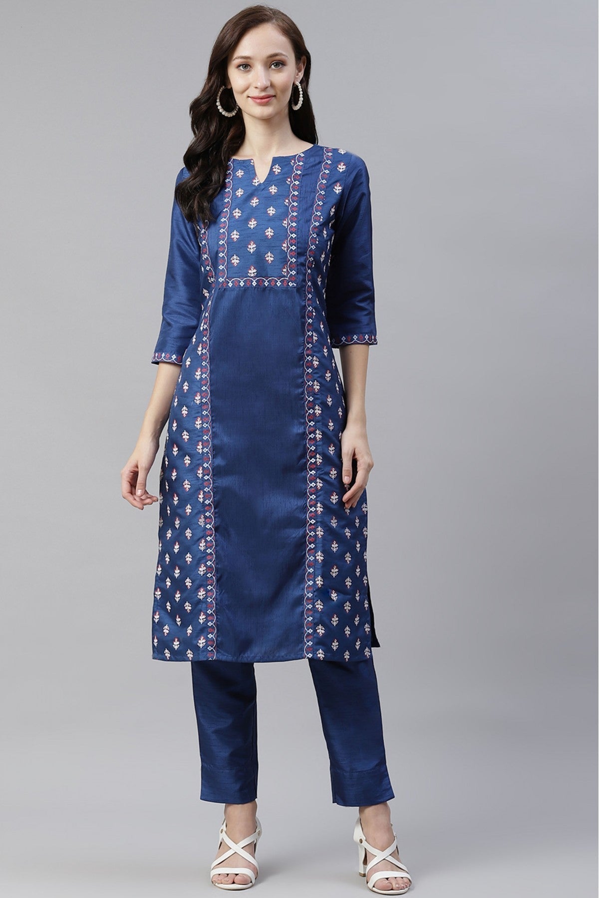 Blue Colour Plus Size Poly Silk Foil Print Kurti With Pant Set