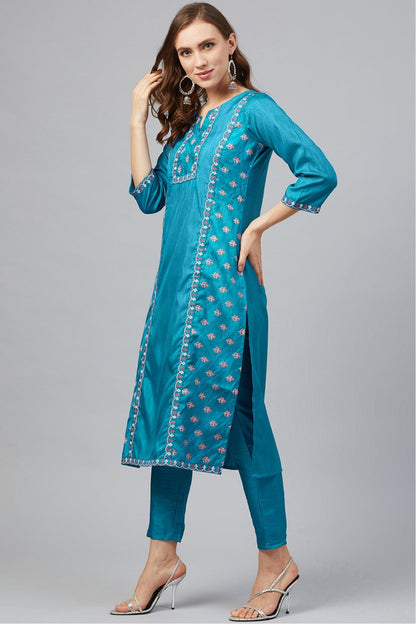 Blue Colour Plus Size Poly Silk Straight Kurta Pant Set