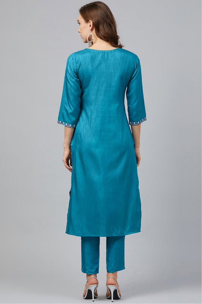 Blue Colour Plus Size Poly Silk Straight Kurta Pant Set