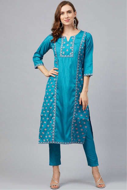 Blue Colour Plus Size Poly Silk Straight Kurta Pant Set