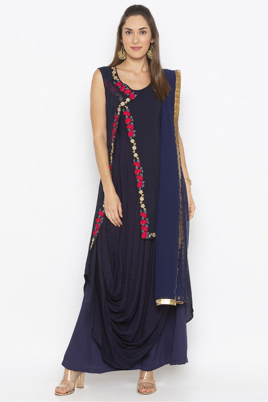 Blue Colour Plus Size Stitched Cotton Embroidery Palazzo Pant Suit