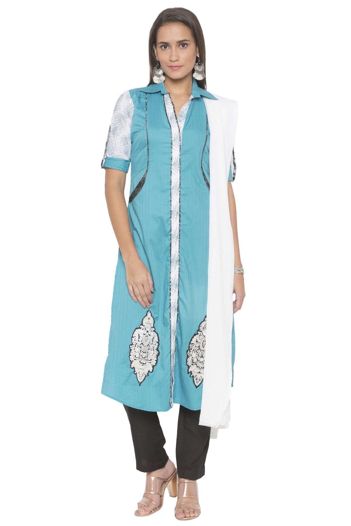 Blue Colour Plus Size Stitched Cotton Embroidery Pant Style Suit