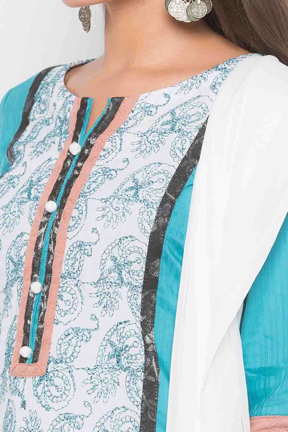 Blue Colour Plus Size Stitched Cotton Embroidery Pant Style Suit