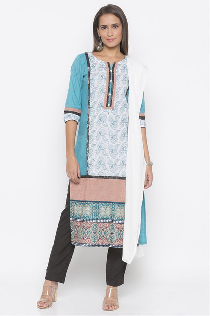 Blue Colour Plus Size Stitched Cotton Embroidery Pant Style Suit