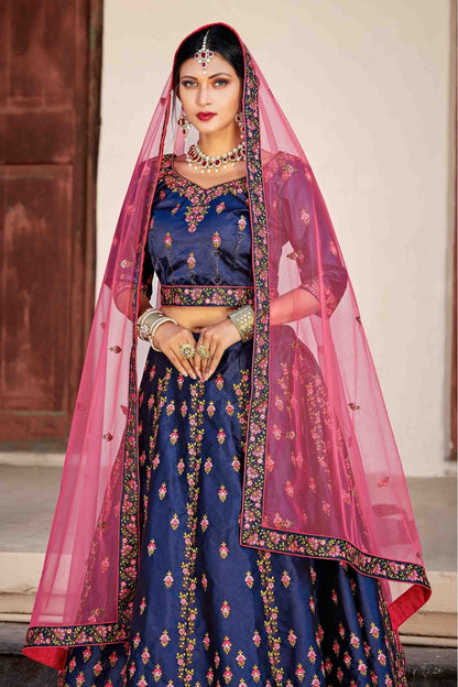 Blue Colour Pure Satin Thread Work Lehenga Choli