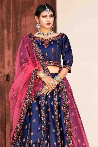 Blue Colour Pure Satin Thread Work Lehenga Choli