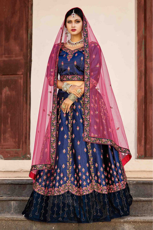 Blue Colour Pure Satin Thread Work Lehenga Choli