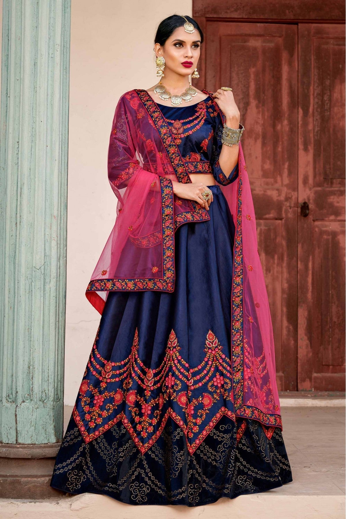 Blue Colour Pure Satin Thread Work Lehenga Choli