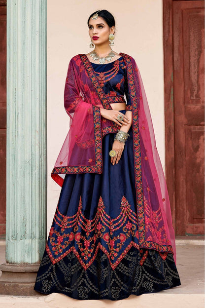 Blue Colour Pure Satin Thread Work Lehenga Choli