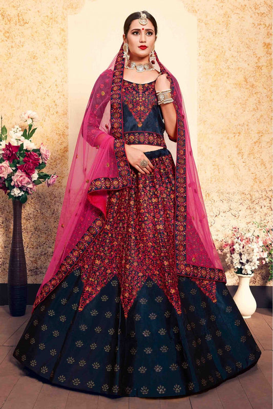 Blue Colour Satin Embroidery Lehenga Choli