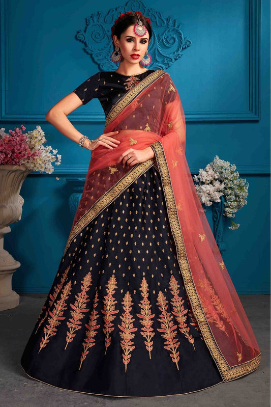 Blue Colour Satin Embroidery Lehenga Choli