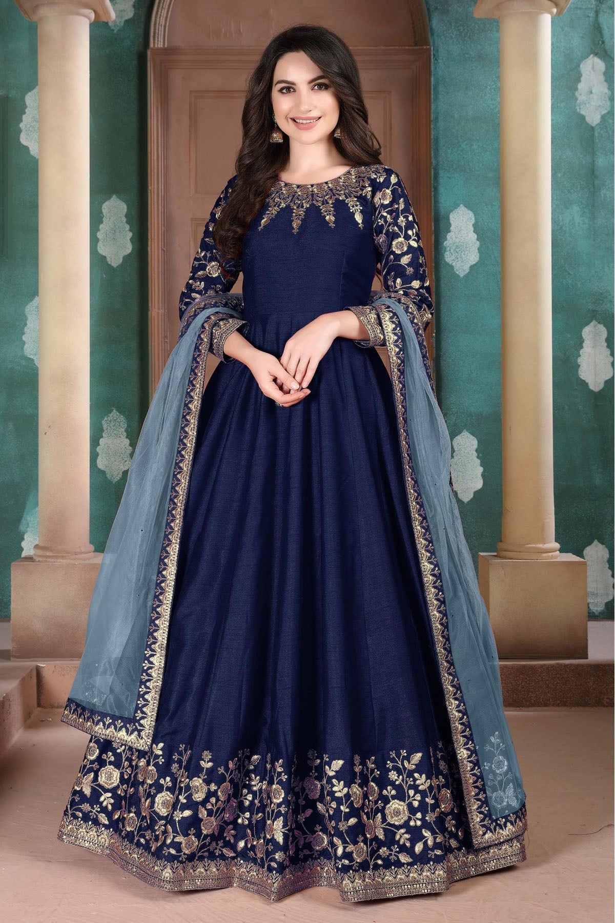 Blue Colour Silk Embroidery Anarkali Suit