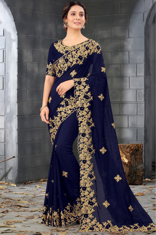 Blue Colour Silk Embroidery Saree