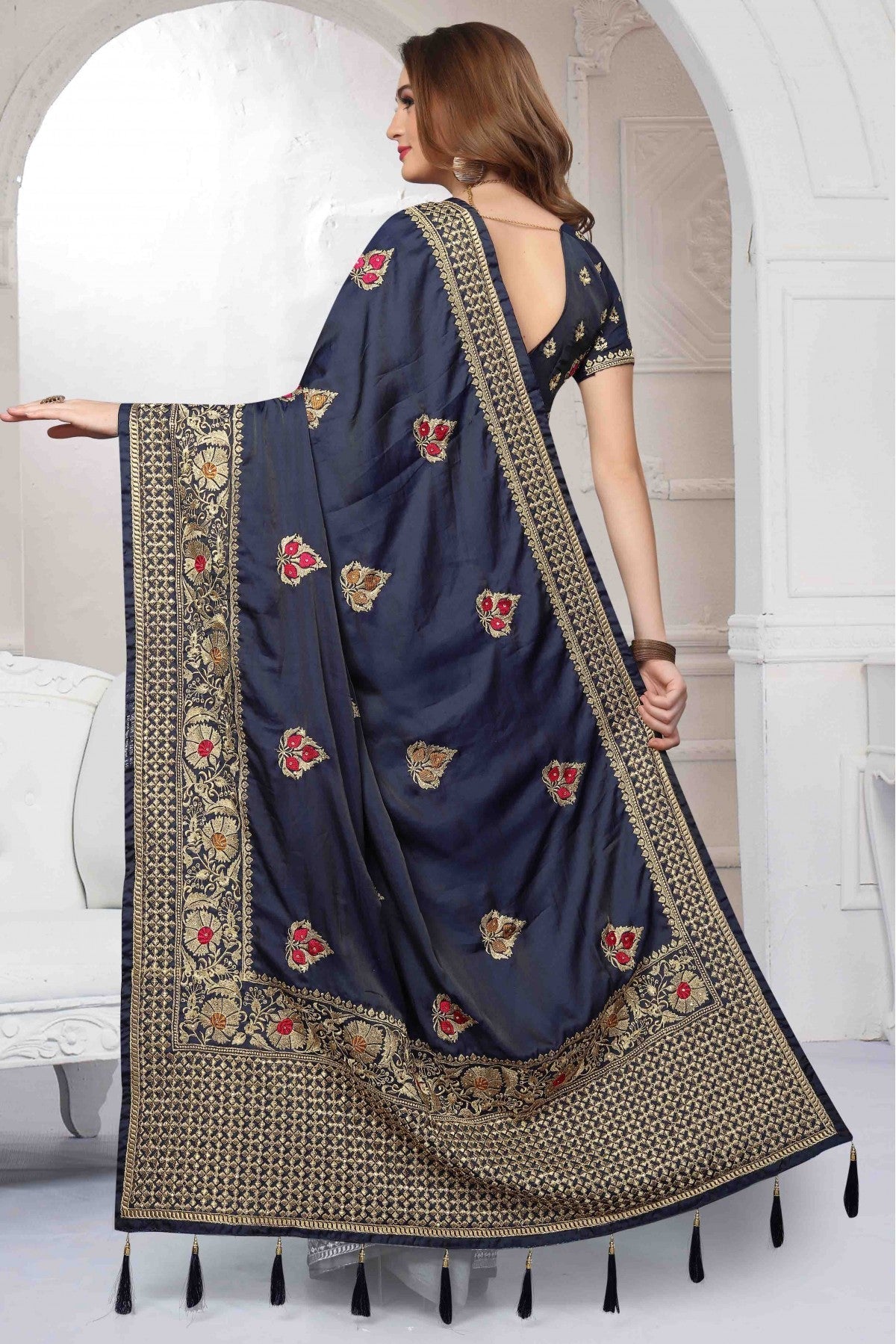 Blue Colour Silk Satin Traditional Saree